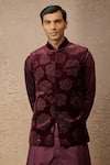 Buy_Tarun Tahiliani_Wine Cotton Velvet Embellished Pixeled Floral Metallic Stud Waistcoat Set _Online_at_Aza_Fashions