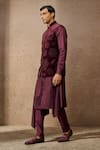 Shop_Tarun Tahiliani_Wine Cotton Velvet Embellished Pixeled Floral Metallic Stud Waistcoat Set _Online_at_Aza_Fashions