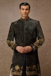 Buy_Tarun Tahiliani_Brown Silk Velvet Printed Pichwai Sherwani Set _Online_at_Aza_Fashions