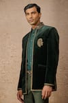 Buy_Tarun Tahiliani_Emerald Green Cotton Velvet Embroidery Zardozi Bandhgala Set _Online_at_Aza_Fashions