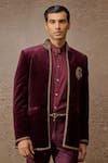 Buy_Tarun Tahiliani_Wine Cotton Velvet Embroidery Zardozi Paisley Placement Bandhgala Set _Online_at_Aza_Fashions