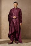 Buy_Tarun Tahiliani_Wine Silk, Georgette Sequins Embroidered Kurta Set With Shawl _at_Aza_Fashions