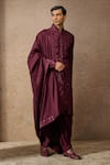 Buy_Tarun Tahiliani_Wine Silk, Georgette Sequins Embroidered Kurta Set With Shawl _Online_at_Aza_Fashions