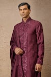 Shop_Tarun Tahiliani_Wine Silk, Georgette Sequins Embroidered Kurta Set With Shawl _Online_at_Aza_Fashions