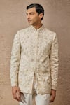 Shop_Tarun Tahiliani_Ivory Silk Dupion Embroidery Thread Floral Bandhgala Set _Online_at_Aza_Fashions