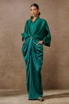 Buy_Tarun Tahiliani_Green Draped Trouser Satin Embellished Rhinestone Stand Ruched Top And Set _at_Aza_Fashions