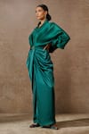 Buy_Tarun Tahiliani_Green Draped Trouser Satin Embellished Rhinestone Stand Ruched Top And Set _Online_at_Aza_Fashions