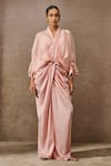 Buy_Tarun Tahiliani_Pink Draped Trouser Satin Embellished Rhinestone Stand Ruched Top And Set _at_Aza_Fashions