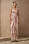 Buy_Tarun Tahiliani_Pink Foil Jersey Print Signature V Neck Draped Maxi Dress _at_Aza_Fashions