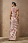 Shop_Tarun Tahiliani_Pink Foil Jersey Print Signature V Neck Draped Maxi Dress _at_Aza_Fashions