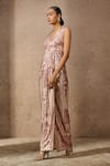 Tarun Tahiliani_Pink Foil Jersey Print Signature V Neck Draped Maxi Dress _Online_at_Aza_Fashions