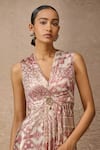 Buy_Tarun Tahiliani_Pink Foil Jersey Print Signature V Neck Draped Maxi Dress _Online_at_Aza_Fashions