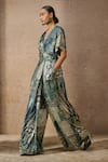 Tarun Tahiliani_Green Foil Jersey Print Signature V Neck Jumpsuit _Online_at_Aza_Fashions