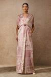 Buy Tarun Tahiliani Pink Foil Jersey Print Signature V Neck Flared Jumpsuit at Aza Fashions Buy_Tarun Tahiliani_Pink Foil Jersey Print Signature V Neck Flared Jumpsuit _at_Aza_Fashions