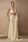 Tarun Tahiliani_Ivory Blouse Silk Chiffon Embellished Crystal Pre-draped Concept Saree With _at_Aza_Fashions