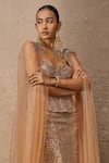 Shop Tarun Tahiliani Gold Tulle Sequins Off-shoulder Architecture Motif Sculpted Lehenga Set Online at Aza Fashions Shop_Tarun Tahiliani_Gold Tulle Sequins Off-shoulder Architecture Motif Sculpted Lehenga Set _Online_at_Aza_Fashions
