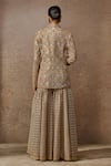 Shop_Tarun Tahiliani_Gold Silk Satin, Tulle Pearls, Sequins Geometric Embroidered Jacket Sharara Set _at_Aza_Fashions
