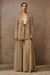Tarun Tahiliani_Gold Silk Satin, Tulle Pearls, Sequins Geometric Embroidered Jacket Sharara Set _Online_at_Aza_Fashions