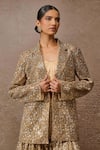 Buy_Tarun Tahiliani_Gold Silk Satin, Tulle Pearls, Sequins Geometric Embroidered Jacket Sharara Set _Online_at_Aza_Fashions