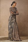 Tarun Tahiliani_Gold Tulle, Jersey, Silk Sequins, Embroidery Sweetheart Panel Concept Saree Set _Online_at_Aza_Fashions