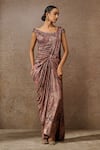 Buy_Tarun Tahiliani_Wine Jersey Crystals Off-shoulder Embellished Pre-draped Saree Gown _at_Aza_Fashions