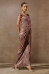 Buy_Tarun Tahiliani_Wine Jersey Crystals Off-shoulder Embellished Pre-draped Saree Gown _Online_at_Aza_Fashions