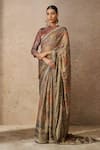 Buy_Tarun Tahiliani_Grey Blouse Foil Jersey Printed Floral Round Geometric Saree With _at_Aza_Fashions