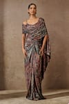 Buy_Tarun Tahiliani_Blue Foil Jersey Printed Floral Geometric Pre-draped Concept Saree With Blouse _at_Aza_Fashions