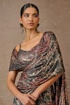 Tarun Tahiliani_Blue Foil Jersey Printed Floral Geometric Pre-draped Concept Saree With Blouse _Online_at_Aza_Fashions