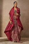 Buy_Tarun Tahiliani_Wine Cape Satin Organza Embellished Zardozi Cape Open Crystal Skirt Set _at_Aza_Fashions