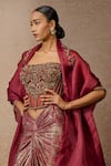 Tarun Tahiliani_Wine Cape Satin Organza Embellished Zardozi Cape Open Crystal Skirt Set _Online_at_Aza_Fashions