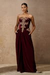 Buy_Tarun Tahiliani_Wine Velvet Embroidery Zari Thread Crystal Embellished Corset And Trouser Set _at_Aza_Fashions