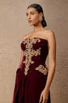 Tarun Tahiliani_Wine Velvet Embroidery Zari Thread Crystal Embellished Corset And Trouser Set _Online_at_Aza_Fashions