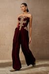 Buy_Tarun Tahiliani_Wine Velvet Embroidery Zari Thread Crystal Embellished Corset And Trouser Set _Online_at_Aza_Fashions