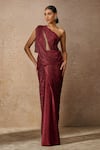 Buy_Tarun Tahiliani_Wine Crinkle Tulle Embellished Crystal Asymmetric One Shoulder Draped Dress _at_Aza_Fashions