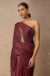 Tarun Tahiliani_Wine Crinkle Tulle Embellished Crystal Asymmetric One Shoulder Draped Dress _Online_at_Aza_Fashions