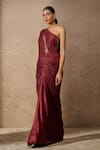 Buy_Tarun Tahiliani_Wine Crinkle Tulle Embellished Crystal Asymmetric One Shoulder Draped Dress _Online_at_Aza_Fashions