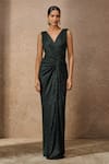 Buy_Tarun Tahiliani_Emerald Green Crinkle Plain V Neck Draped Dress _at_Aza_Fashions