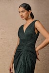 Tarun Tahiliani_Emerald Green Crinkle Plain V Neck Draped Dress _Online_at_Aza_Fashions