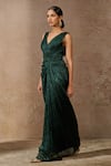 Buy_Tarun Tahiliani_Emerald Green Crinkle Plain V Neck Draped Dress _Online_at_Aza_Fashions