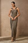 Buy_Tarun Tahiliani_Gold Crinkle Plain Halter Neck Draped Dress _at_Aza_Fashions