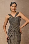 Tarun Tahiliani_Gold Crinkle Plain Halter Neck Draped Dress _Online_at_Aza_Fashions