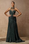 Buy_Tarun Tahiliani_Emerald Green Crinkle Tulle Embellished Crystal Halter Neck Sculpted Gown _at_Aza_Fashions