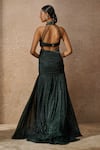 Shop_Tarun Tahiliani_Emerald Green Crinkle Tulle Embellished Crystal Halter Neck Sculpted Gown _at_Aza_Fashions