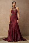 Buy_Tarun Tahiliani_Wine Crinkle Tulle Embellished Crystal Halter Neck Neckline Sculpted Gown _at_Aza_Fashions