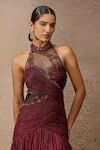 Tarun Tahiliani_Wine Crinkle Tulle Embellished Crystal Halter Neck Neckline Sculpted Gown _Online_at_Aza_Fashions