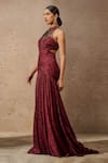 Buy_Tarun Tahiliani_Wine Crinkle Tulle Embellished Crystal Halter Neck Neckline Sculpted Gown _Online_at_Aza_Fashions