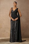 Buy_Tarun Tahiliani_Black Crinkle Tulle Embroidery Sequin V Neck Stripe Draped Gown _at_Aza_Fashions