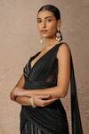 Tarun Tahiliani_Black Crinkle Tulle Embroidery Sequin V Neck Stripe Draped Gown _Online_at_Aza_Fashions