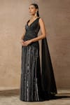 Buy_Tarun Tahiliani_Black Crinkle Tulle Embroidery Sequin V Neck Stripe Draped Gown _Online_at_Aza_Fashions